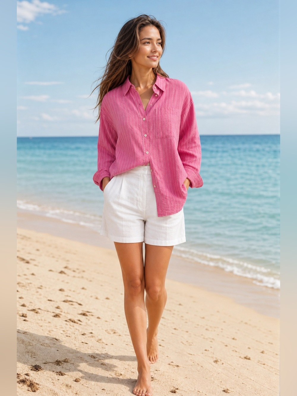 Marks & Spencer Pure Linen Pink White Striped Women’s Shirt Size 6